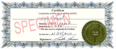 SPECIMEN d'un certificat qui accompagne une oeuvre de Liette Lavoie